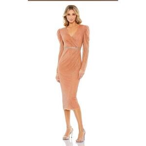 Mac Duggal 93674 Women’s Size 14 Copper Long Sleeve Beaded Mesh Midi‎ Dress NWT